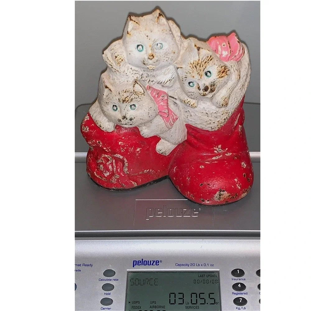 Cast Iron Doorstop Kittens in Santa Style Boots Primitive Chippy Shabby Vintage